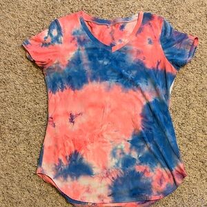 Tie-Dye V-Neck Short Sleeve Top - Pink & Blue